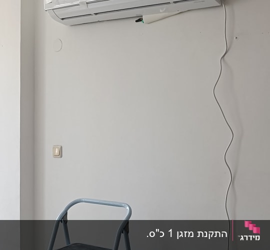 מזגן מותקן על קיר עם כבל חשמל תלוי